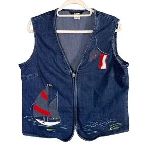 Alia Denim Vest with Red and Blue Sailboat Design Size 14P Cottagecore Nautical